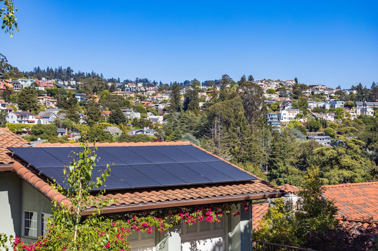 The Art of Drawing Readers In: Your attractive post title goes here Solar panels on a suburban home, surrounded by lush greenery and a sunny blue sky.